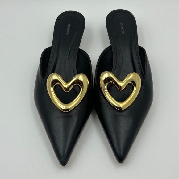 Maeve Shoes - Maeve Heart Mules Women 37 Black Gold Pointed Toe Kitten Heel Quiet Luxury Chic